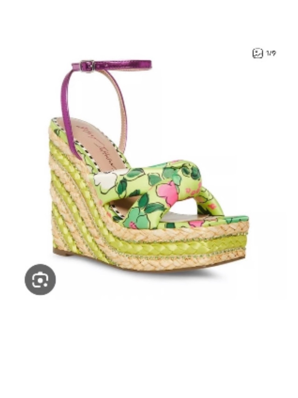 Pansy lime Floral Green Platform Espadrille Wedge Sandals Pink Ankle Strap EUC